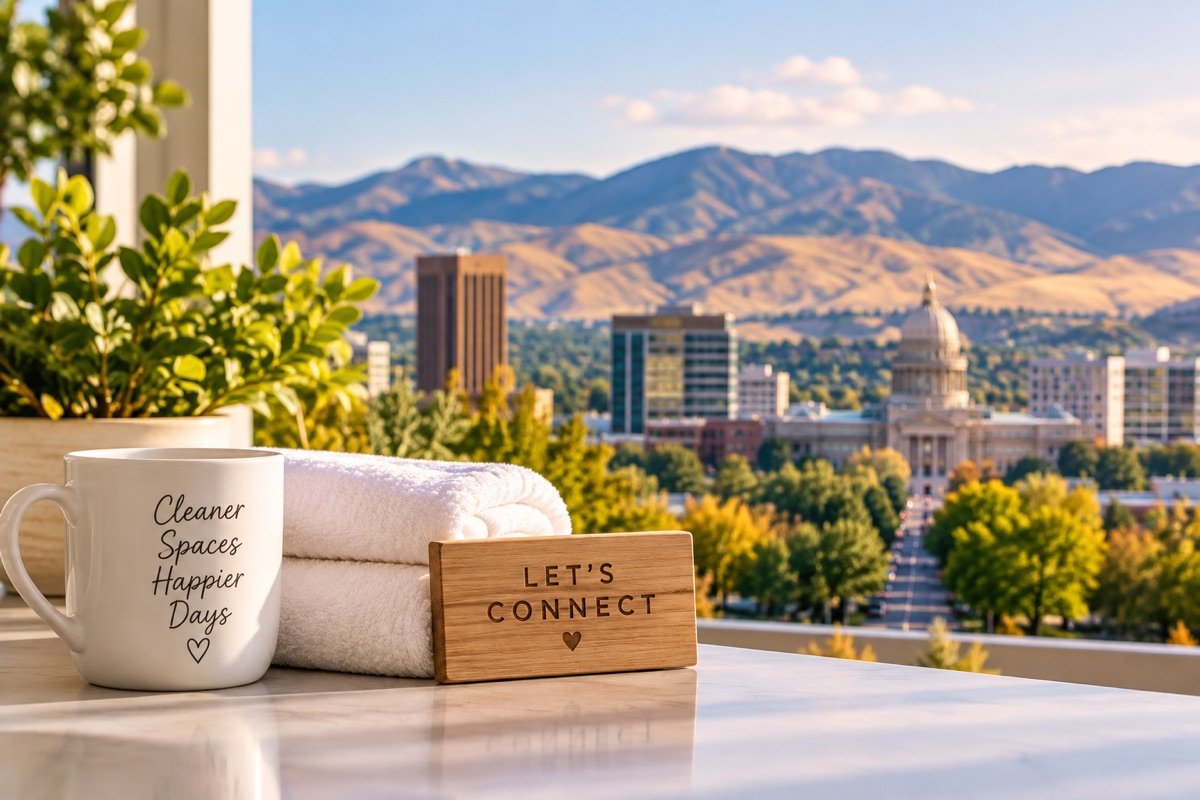Coffee mug and Let's Connect sign with the Boise, ID skyline and foothills in the background